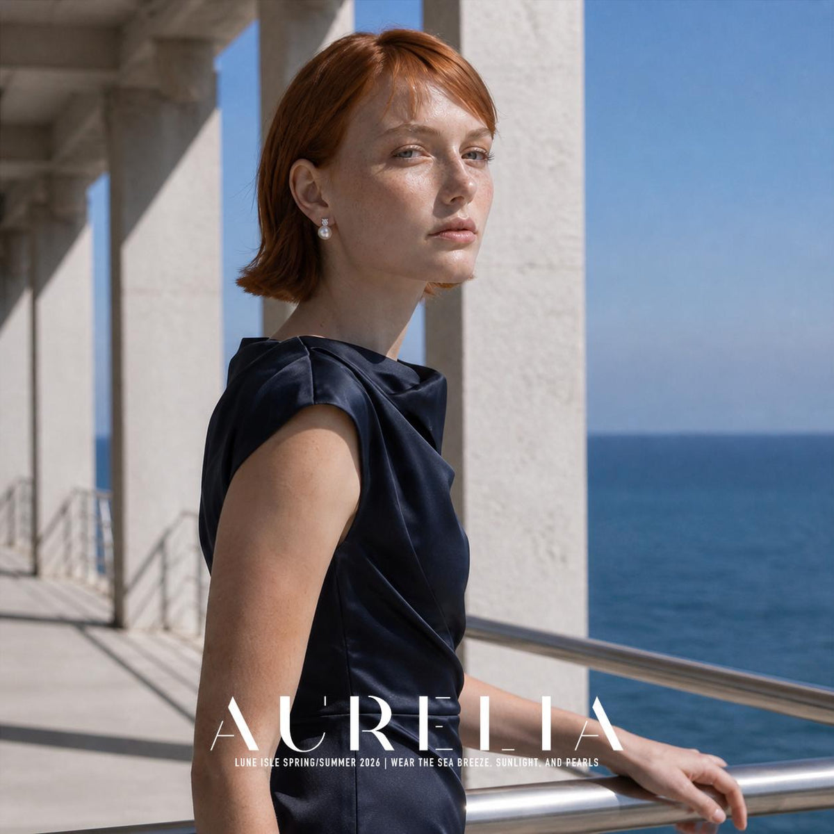 Over-shoulder portrait by a railing. Single clear accent in a four-prong cool-colored setting directly above a round white bead; same stacked silhouette in all worn views.