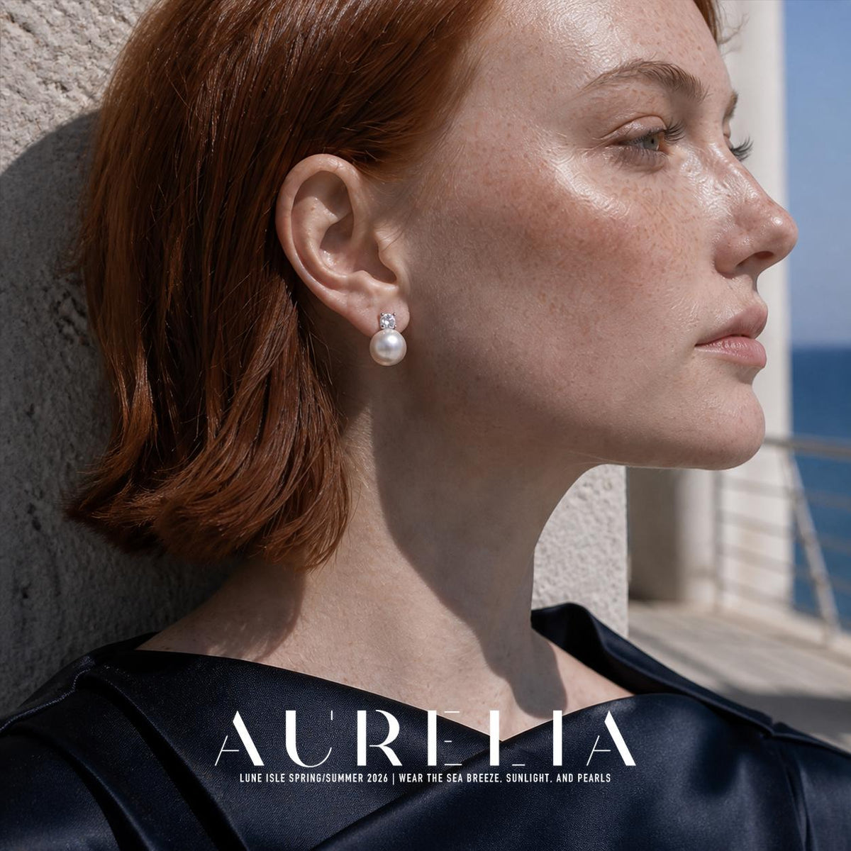Side face and ear close view. Single clear accent in a four-prong cool-colored setting directly above a round white bead; same stacked silhouette in all worn views.