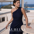 Wider seaside terrace portrait in navy with the matching five-bead drop visible.