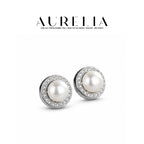 Round Halo Freshwater Pearl Earrings — supplied AURELIA product photograph.