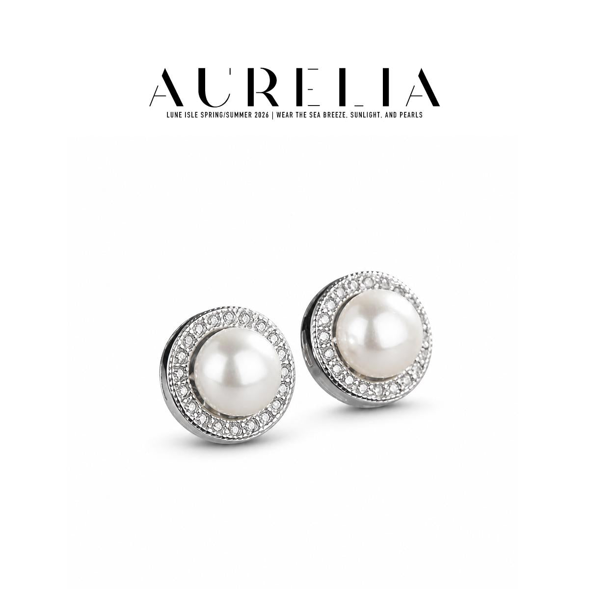 Round Halo Freshwater Pearl Earrings — supplied AURELIA product photograph.