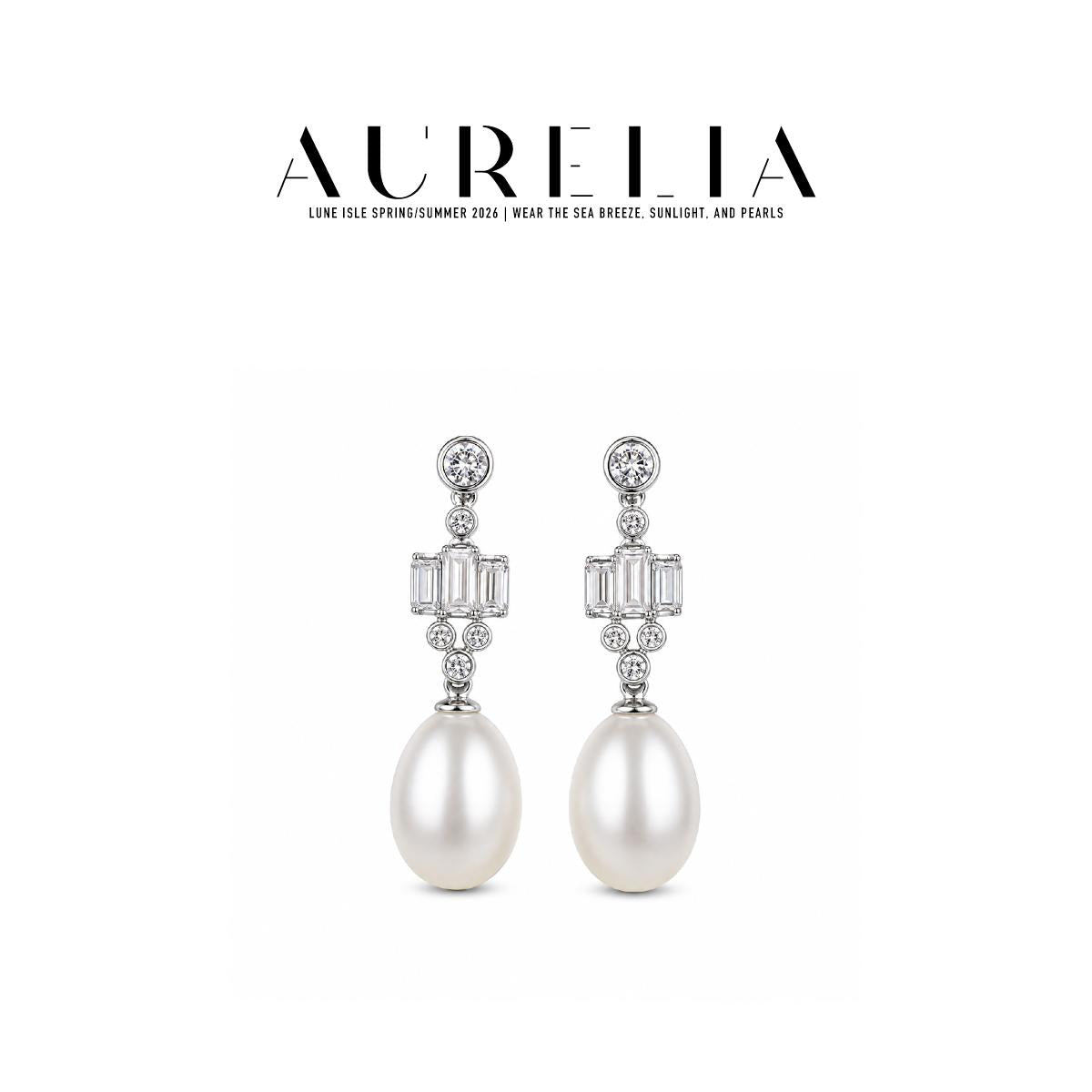 Oval Pearl Geometric Drop Earrings — supplied AURELIA product photograph.