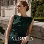 Waist-up terrace portrait in green, circular white-bead stud visible at ear.