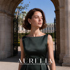 Wider portrait beneath a stone arch in a dark green dress with matching floral stud visible.