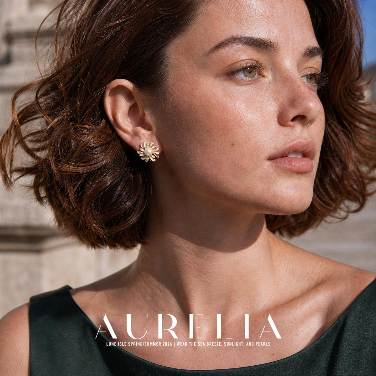 Close sunlit profile clearly showing gold-tone floral stud with central white bead.