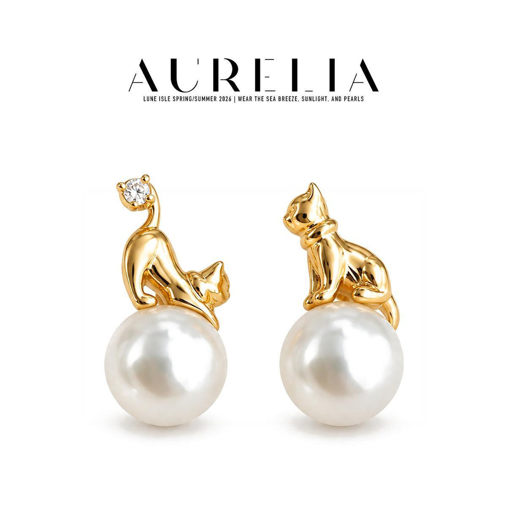 Asymmetric Cat Crystal Pearl Stud Earrings — supplied AURELIA product photograph.