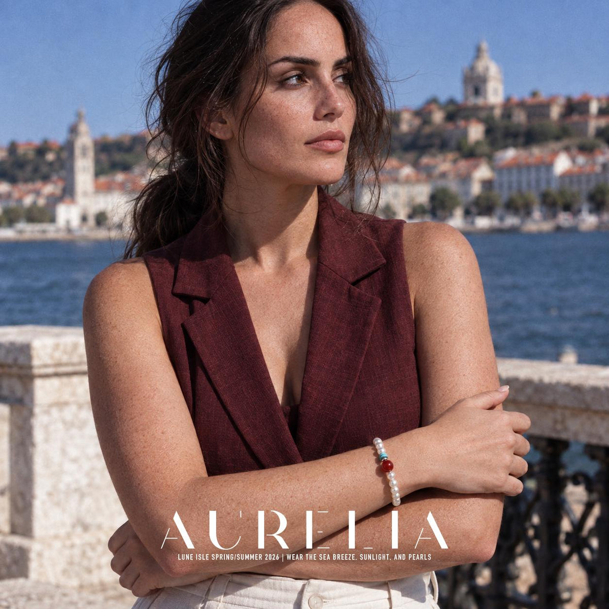 Color-Accent Crystal Pearl Stretch Bracelet — lifestyle image from supplied product materials.