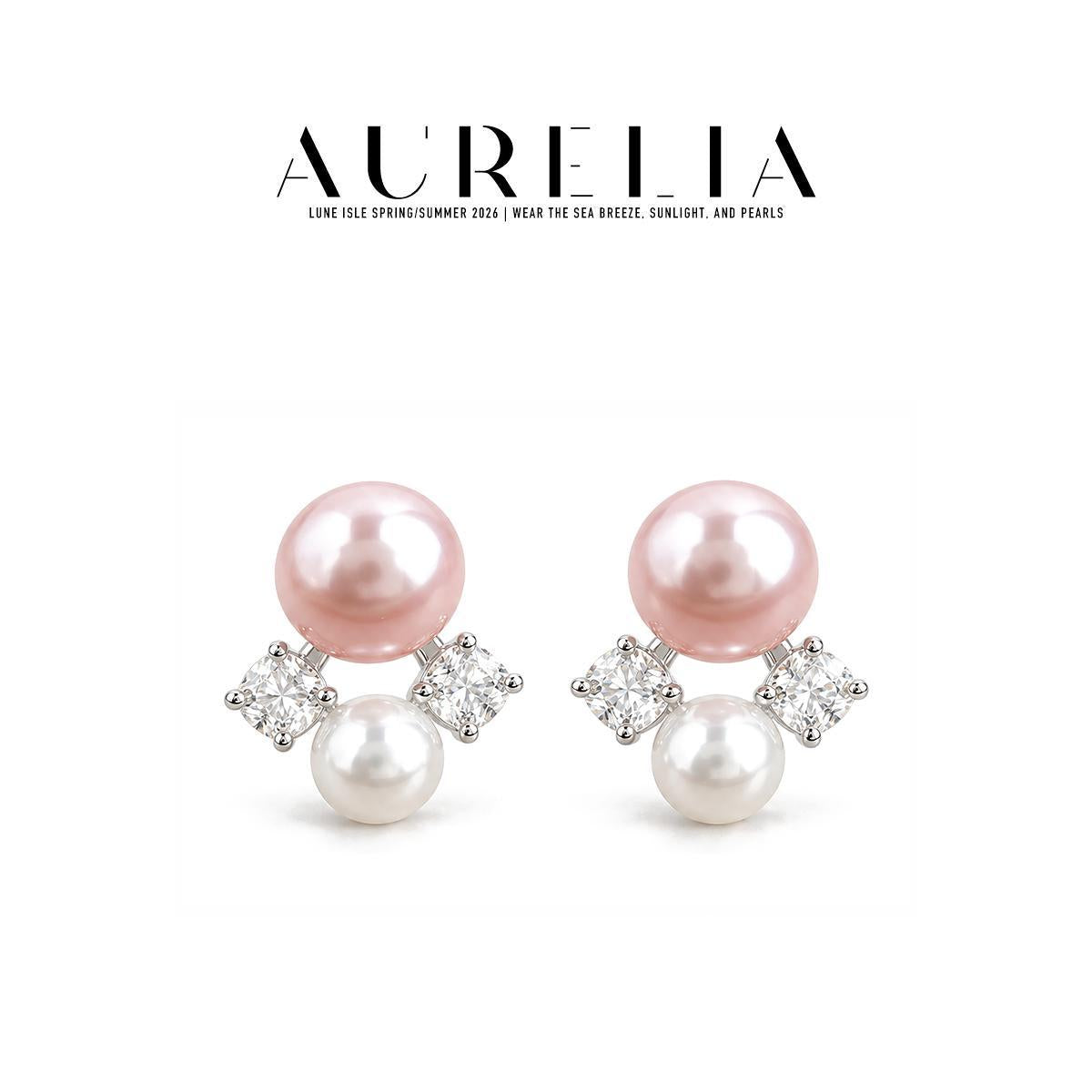 Pink and White Crystal Pearl Cluster Stud Earrings — supplied AURELIA product photograph.