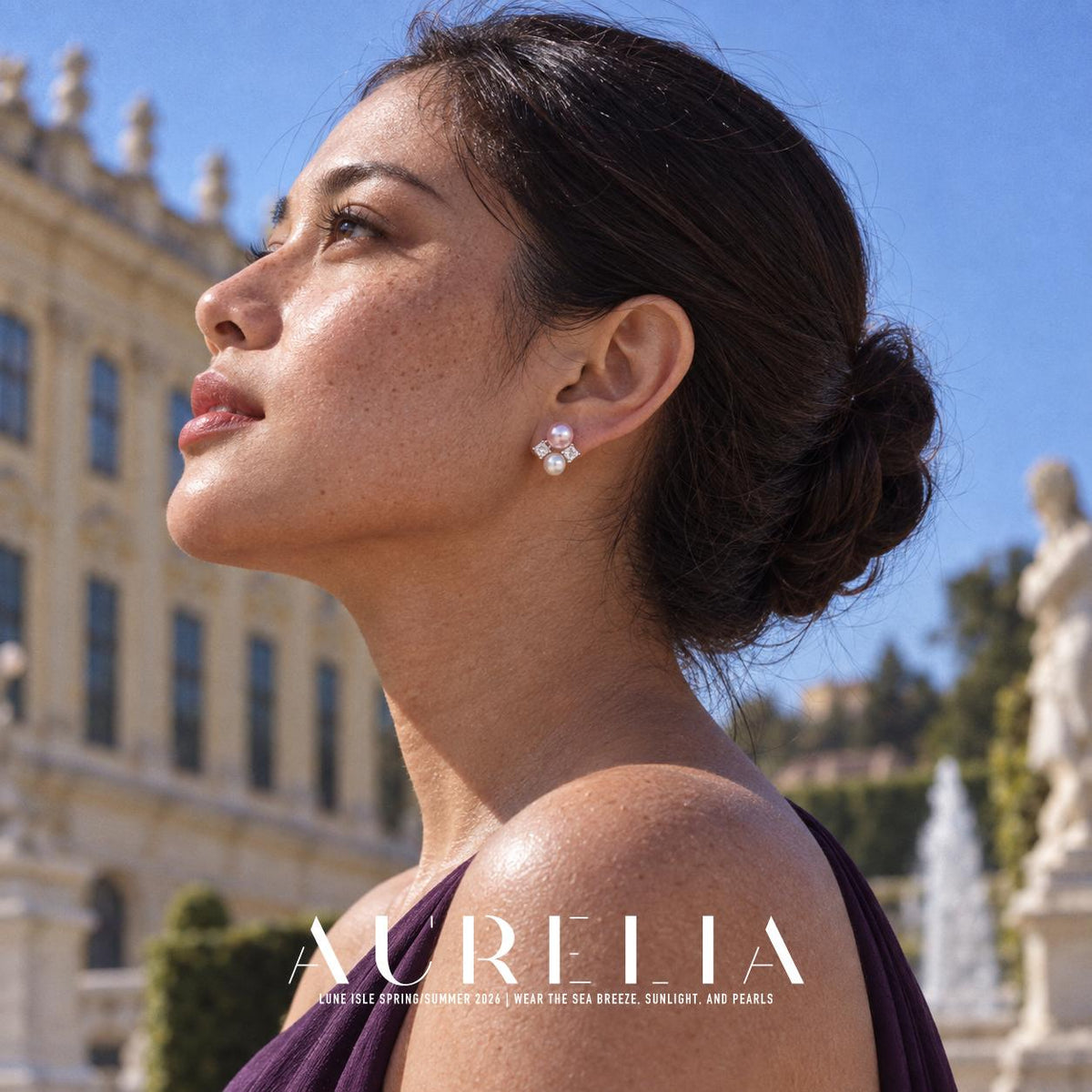 Upward-looking profile wearing matching pink-and-white cluster stud with two clear side accents.