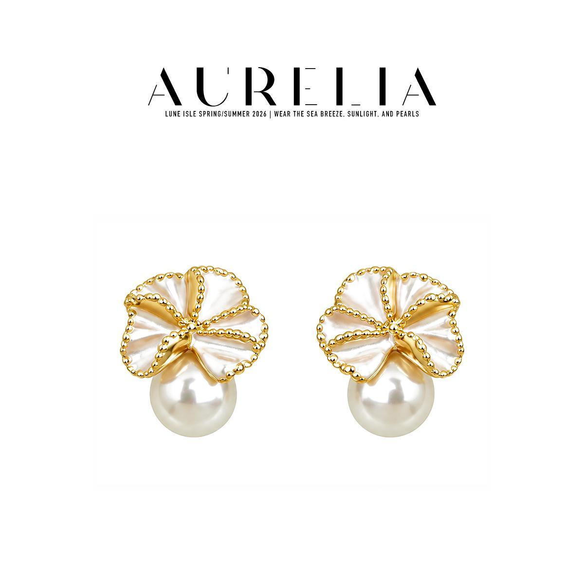 Folded Flower Crystal Pearl Stud Earrings — supplied AURELIA product photograph.